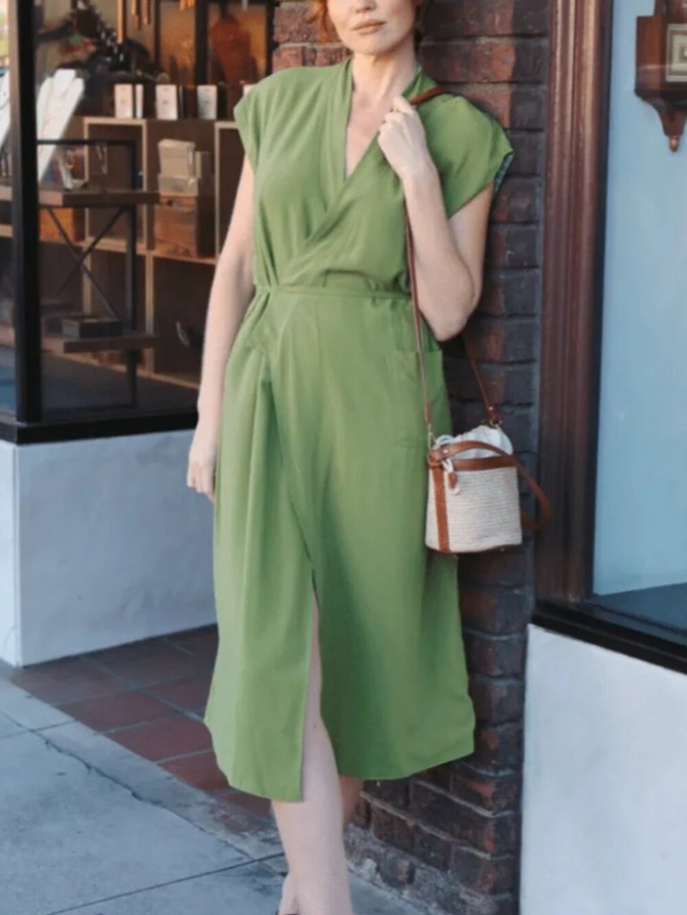 OddBird Green Midi Wrap Dress with Tie Waist — Reversible!